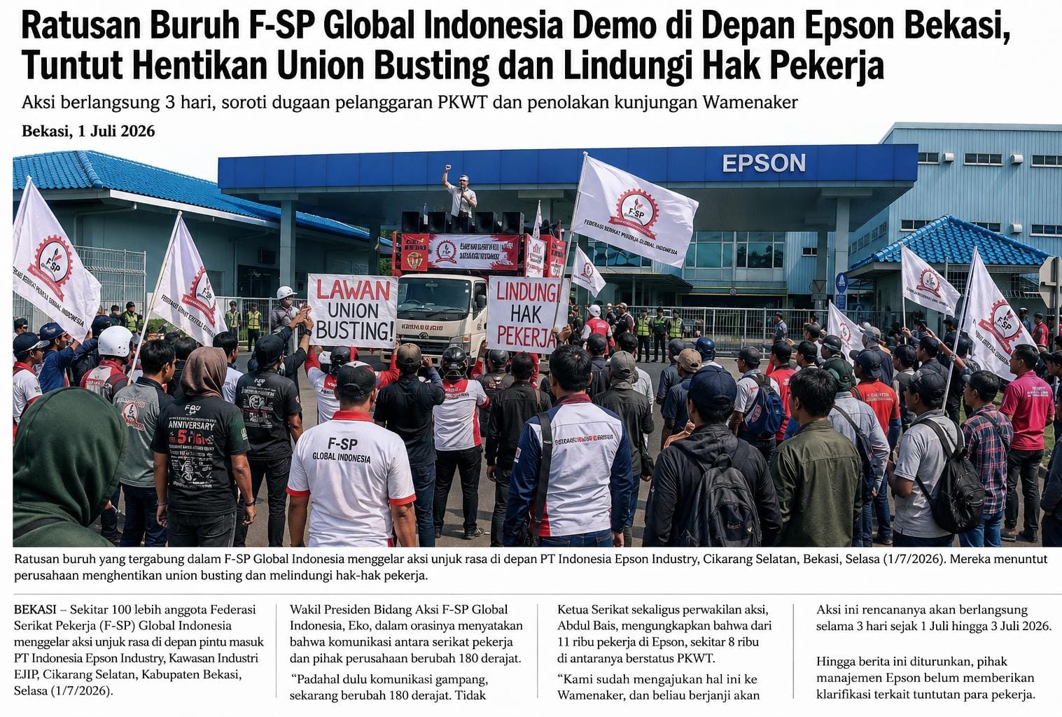 Ratusan Buruh F-SP Global Indonesia Gelar Aksi di Depan PT Indonesia Epson Industry, Soroti Dugaan Union Busting dan Status PKWT